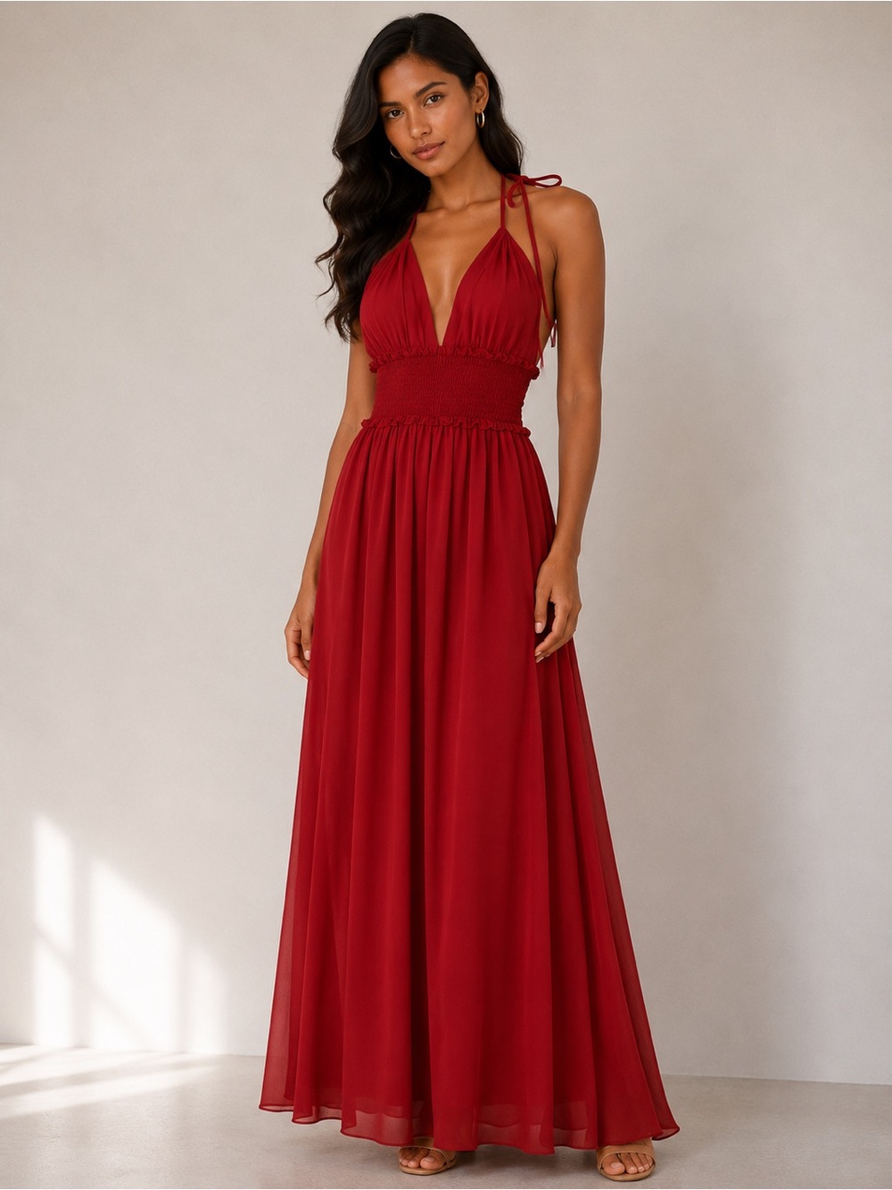 bebe Red Halter Smocked Waist Maxi Dress